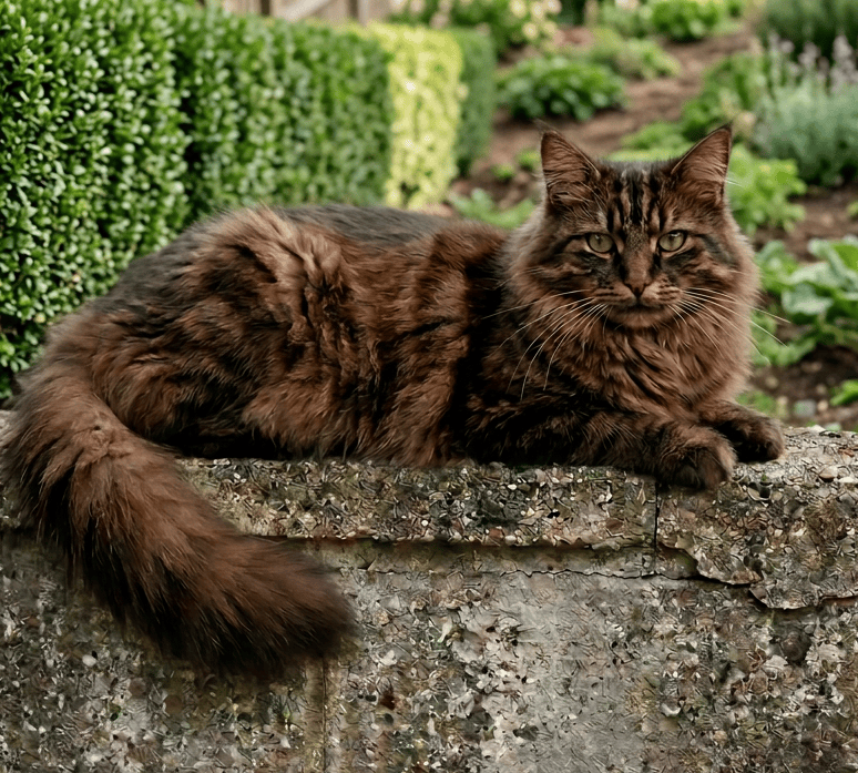 Fluffy cat with hedge behind left side